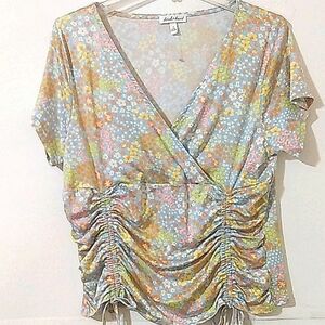 DEREK HEART DITZY FLORAL RUCHED SHORT SLEEVE TOP PLUS SIZE 3X NWOT